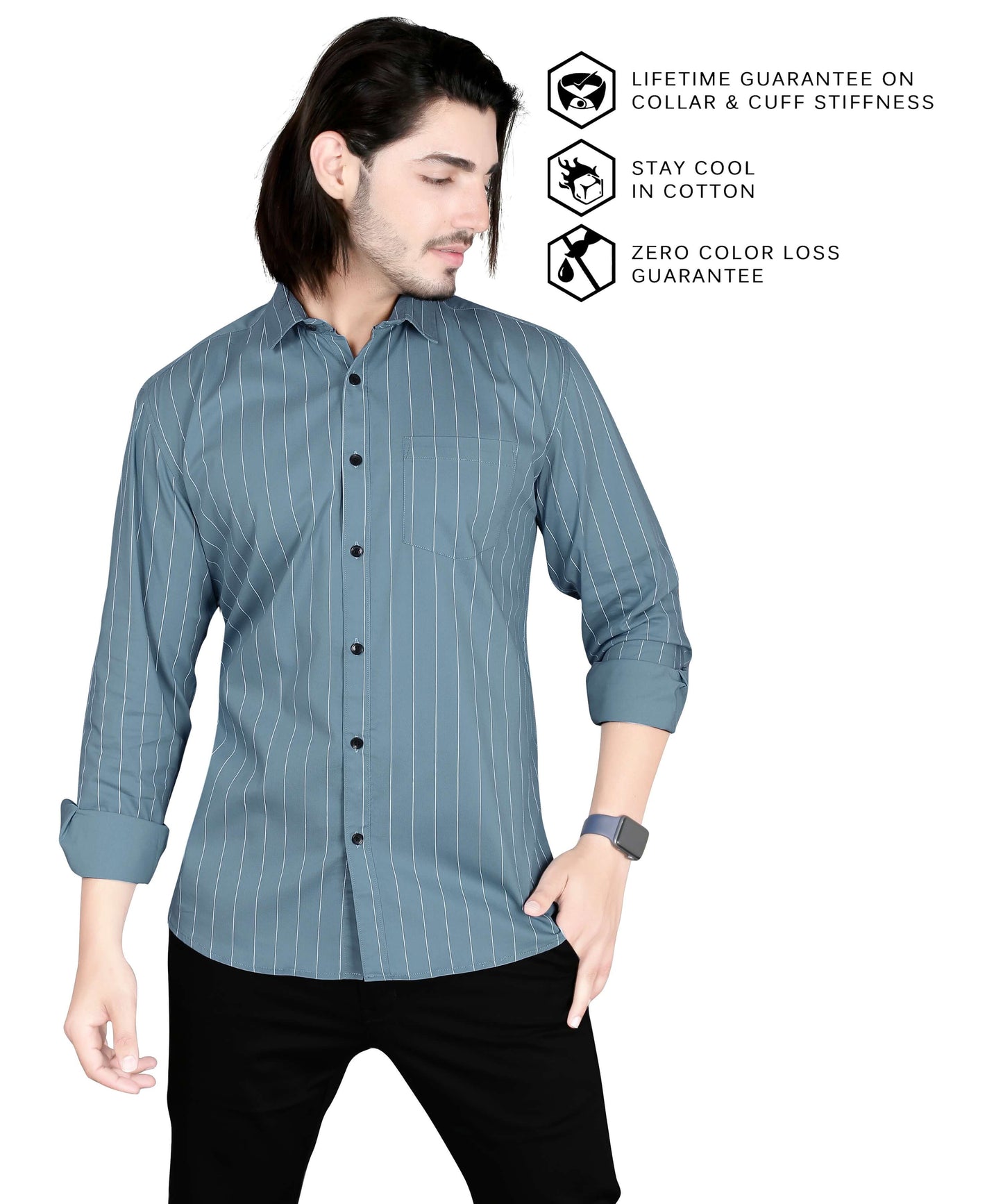 5thanfold Men's Casual Pure Cotton Full Sleeve Striped Sky Blue Slim Fit Shirt