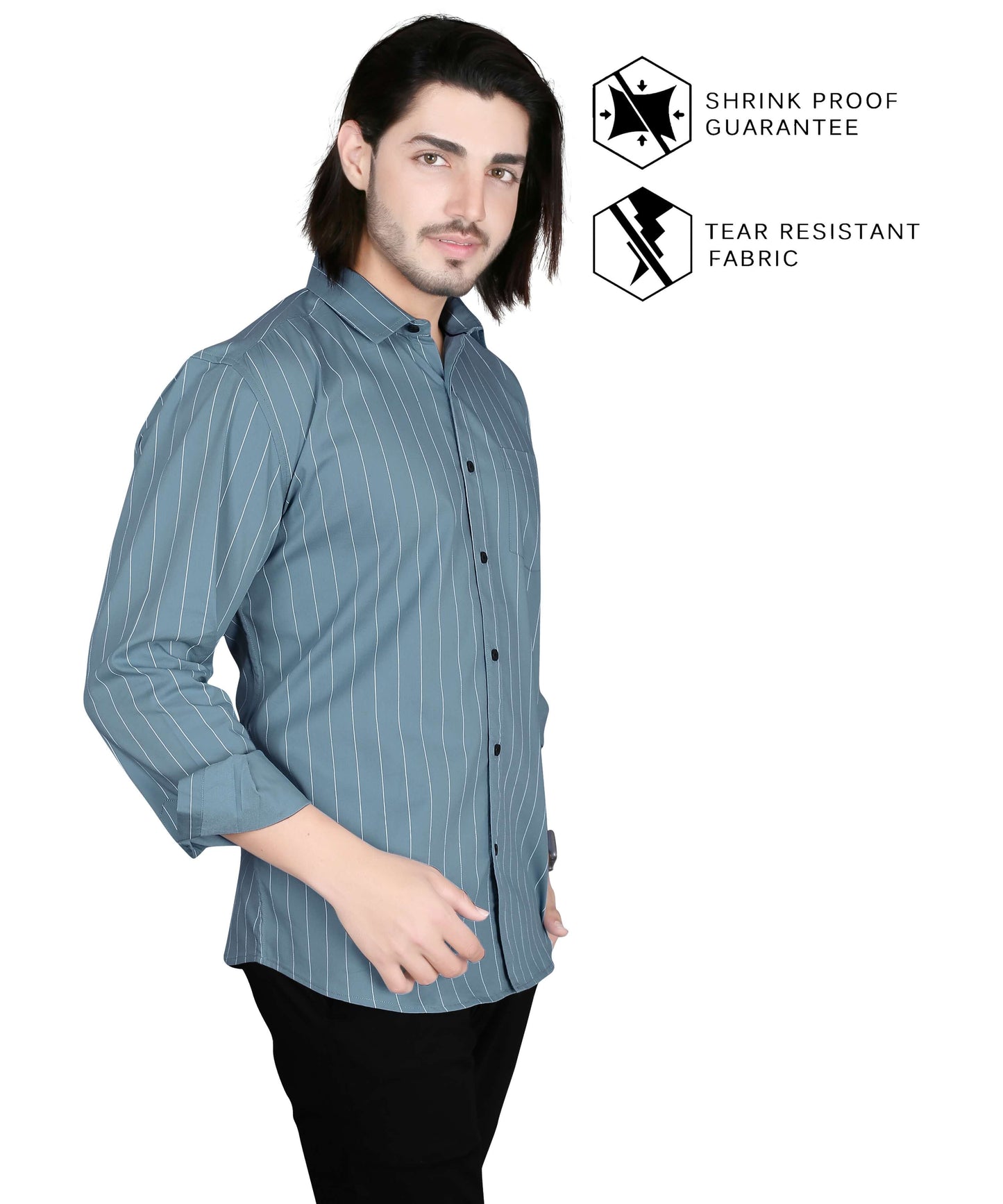 5thanfold Men's Casual Pure Cotton Full Sleeve Striped Sky Blue Slim Fit Shirt
