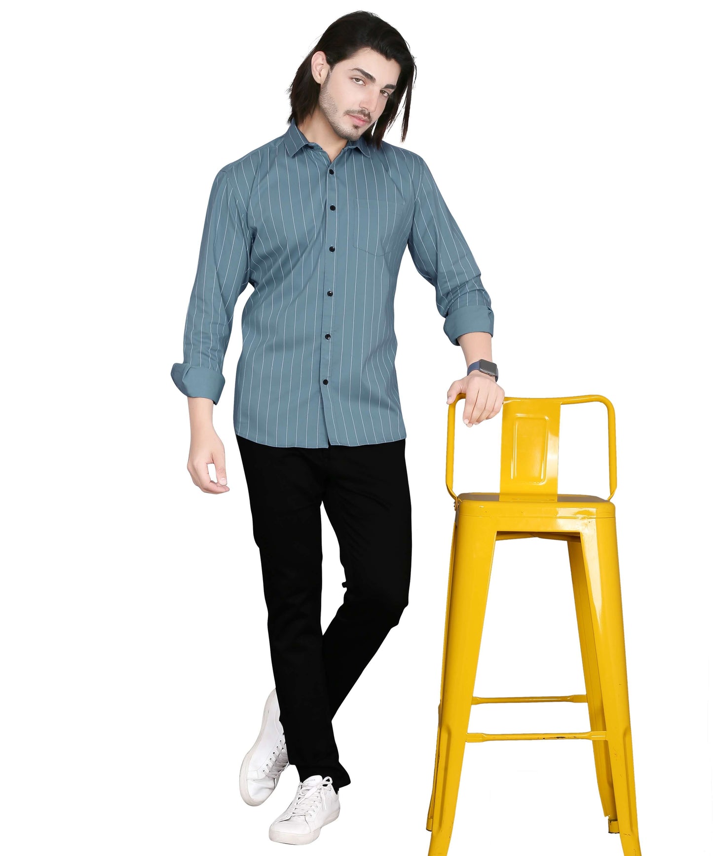 5thanfold Men's Casual Pure Cotton Full Sleeve Striped Sky Blue Slim Fit Shirt