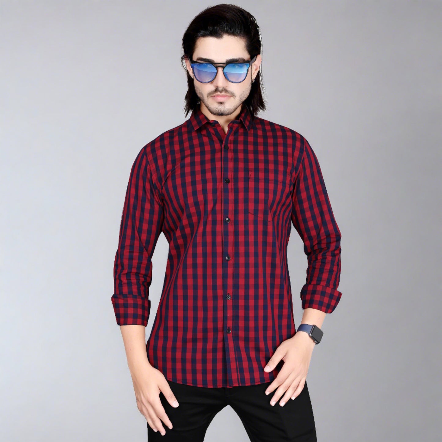5thanfold Men's Casual Pure Cotton Full Sleeve Checkered Red Slim Fit Shirt