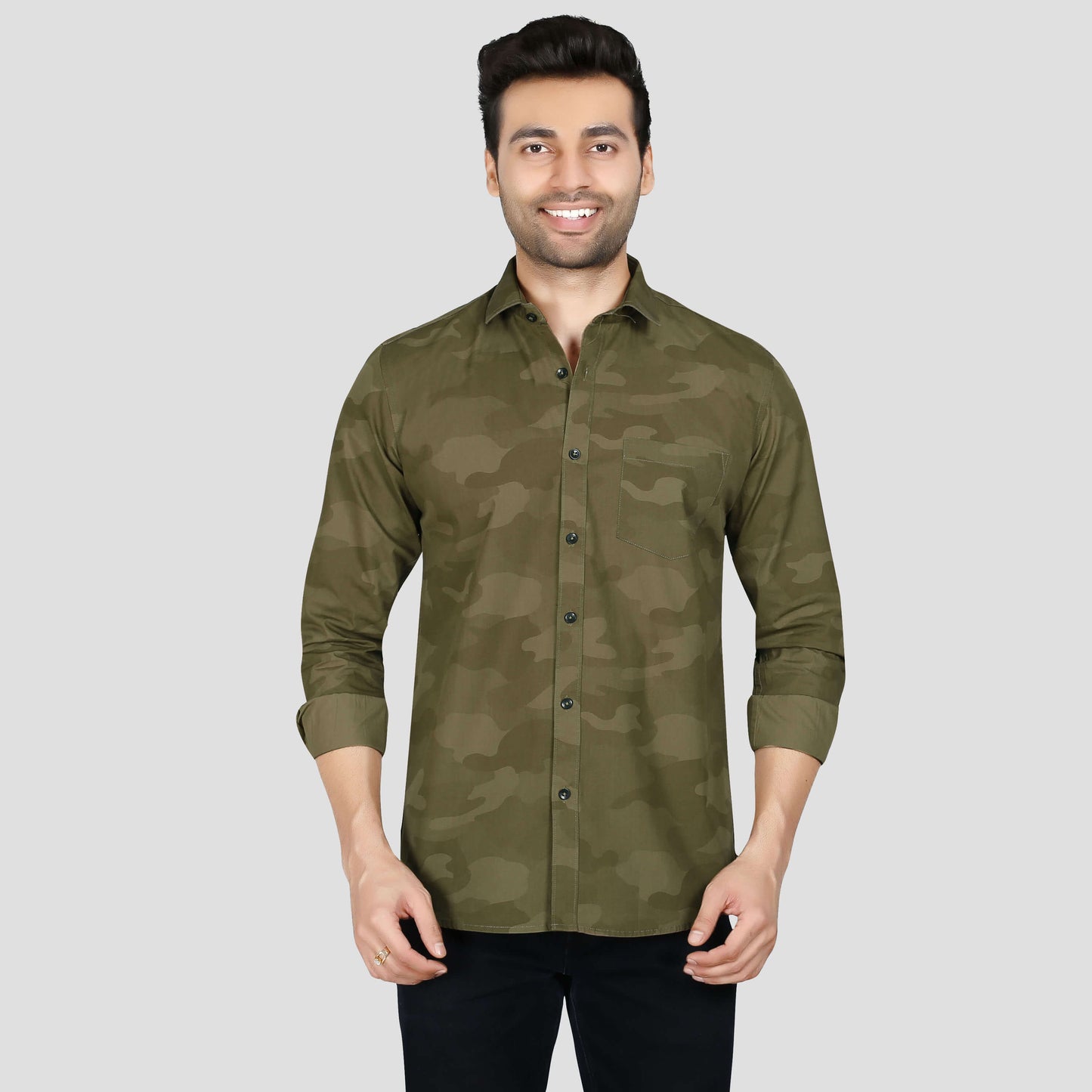 5thanfold Men's Casual Pure Cotton Full Sleeve Printed Khaki Slim Fit Shirt