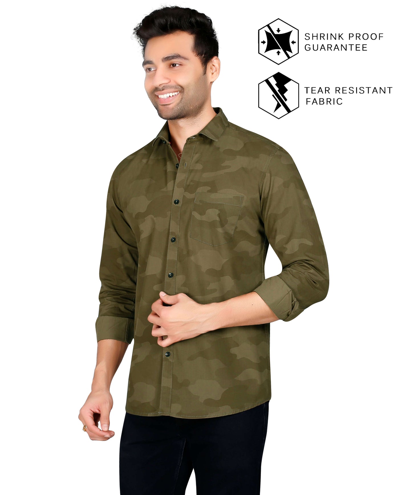 5thanfold Men's Casual Pure Cotton Full Sleeve Printed Khaki Slim Fit Shirt