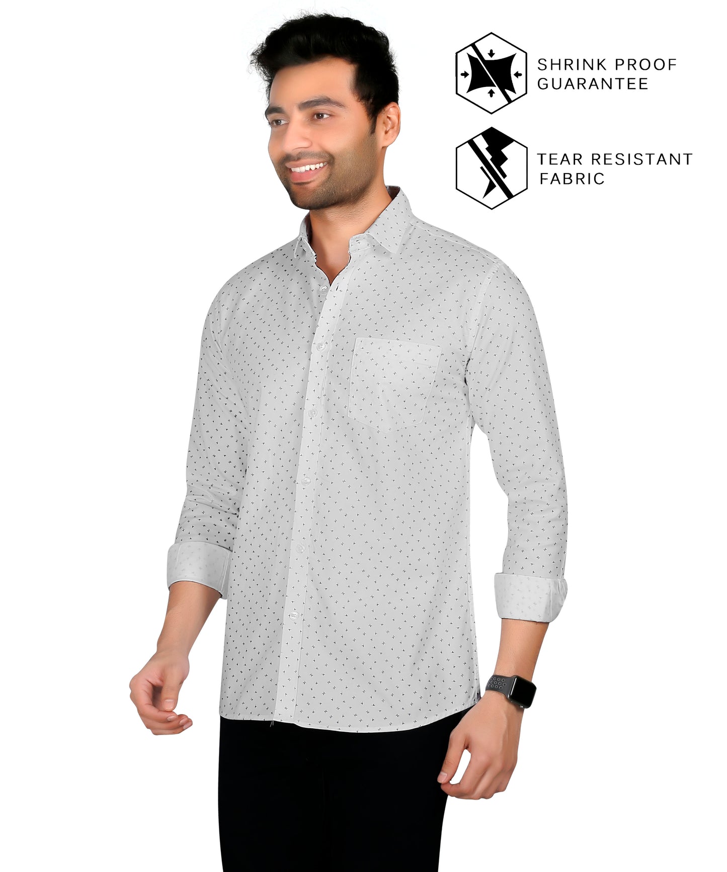 5thanfold Men's Casual Pure Cotton Full Sleeve Printed White Slim Fit Shirt
