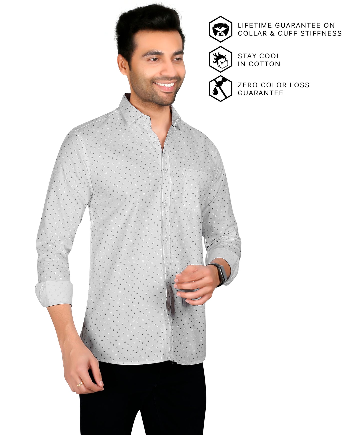 5thanfold Men's Casual Pure Cotton Full Sleeve Printed White Slim Fit Shirt