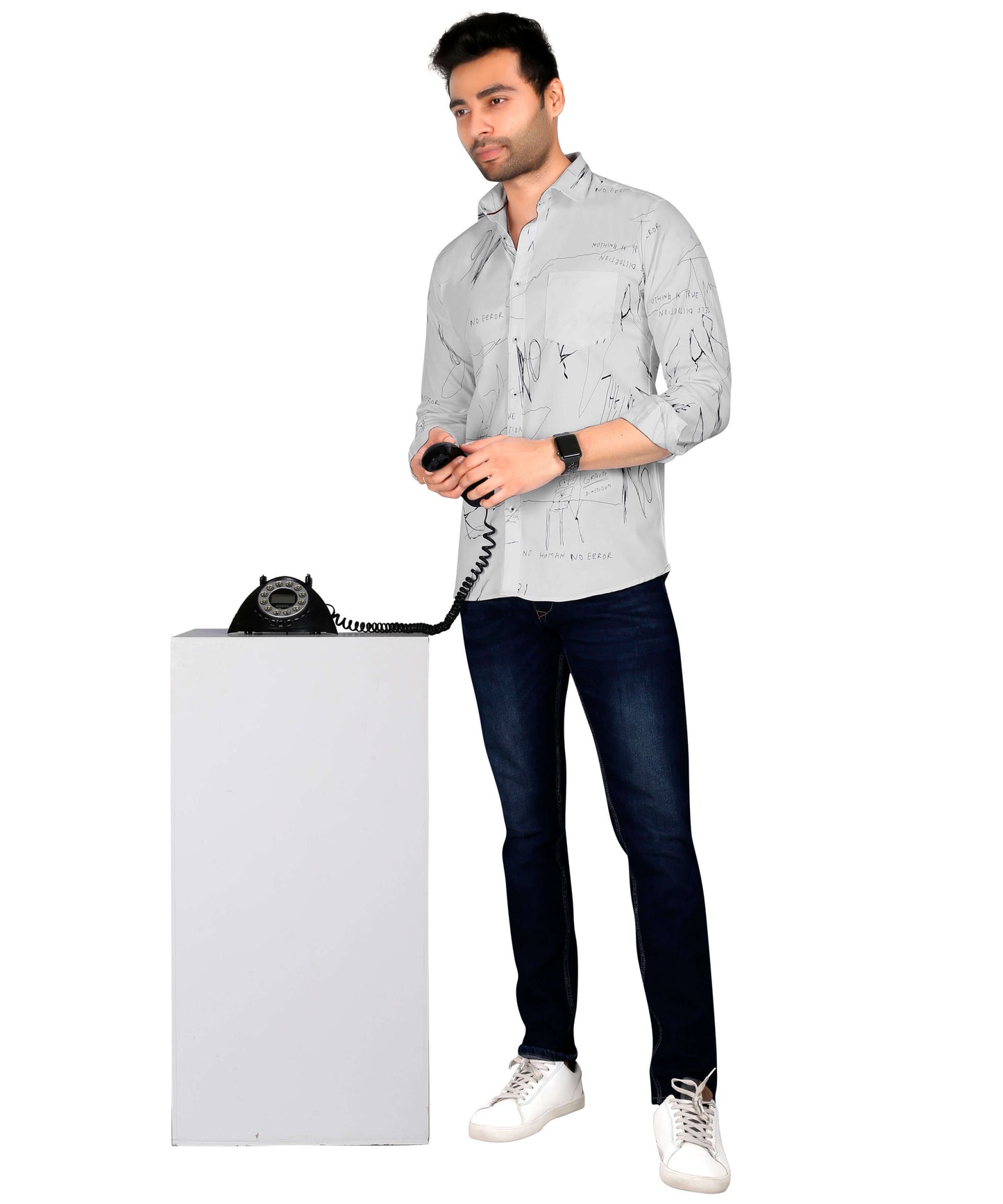 5thanfold Men's Casual Pure Cotton Full Sleeve Printed White Slim Fit Shirt