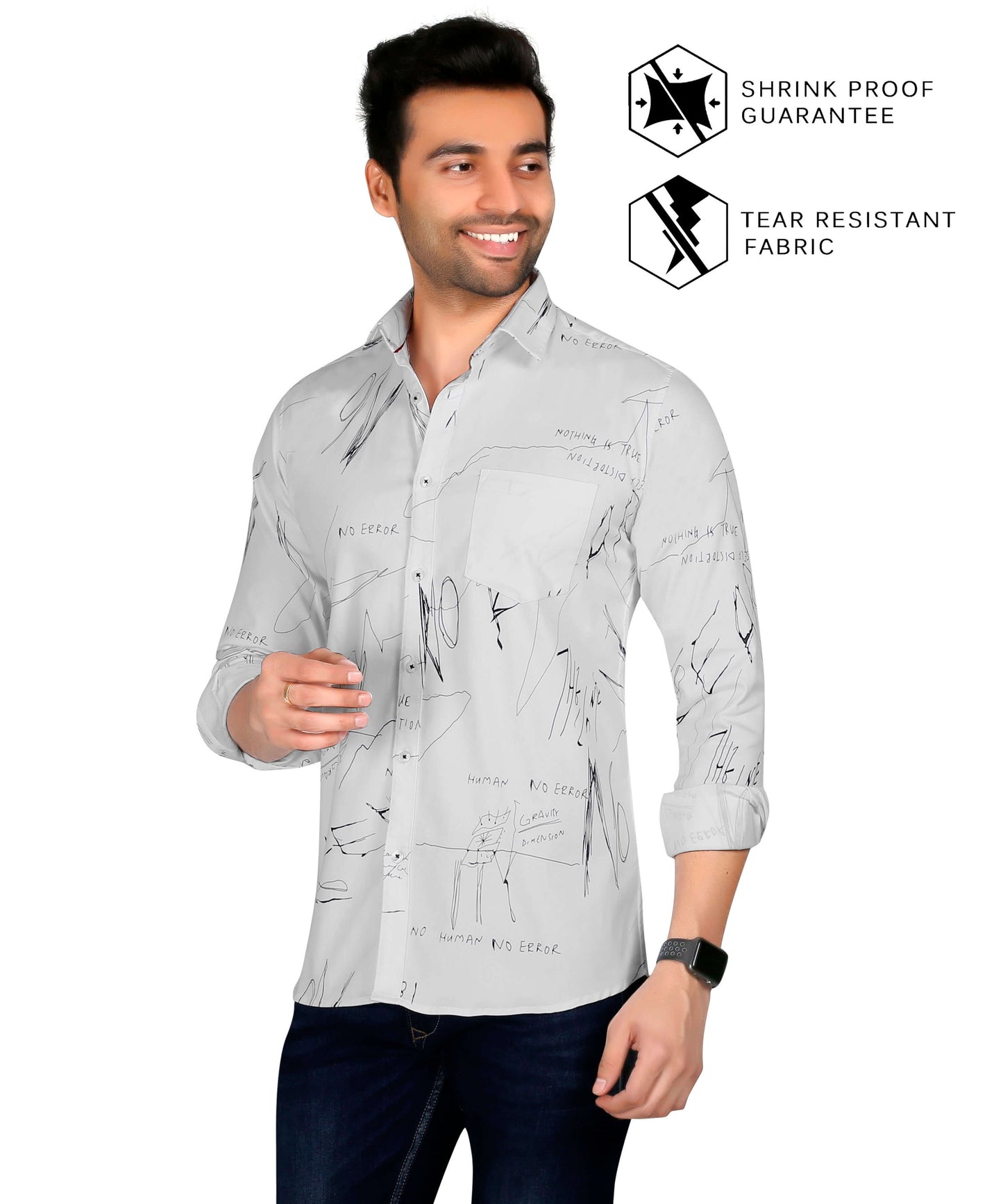 5thanfold Men's Casual Pure Cotton Full Sleeve Printed White Slim Fit Shirt