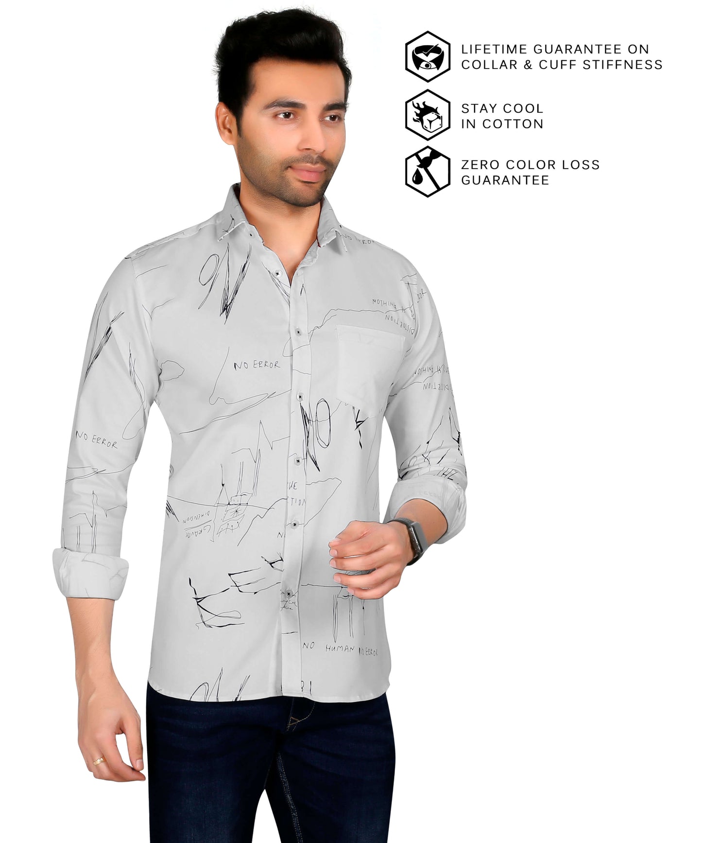 5thanfold Men's Casual Pure Cotton Full Sleeve Printed White Slim Fit Shirt