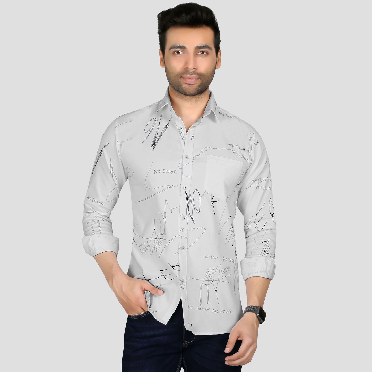 5thanfold Men's Casual Pure Cotton Full Sleeve Printed White Slim Fit Shirt