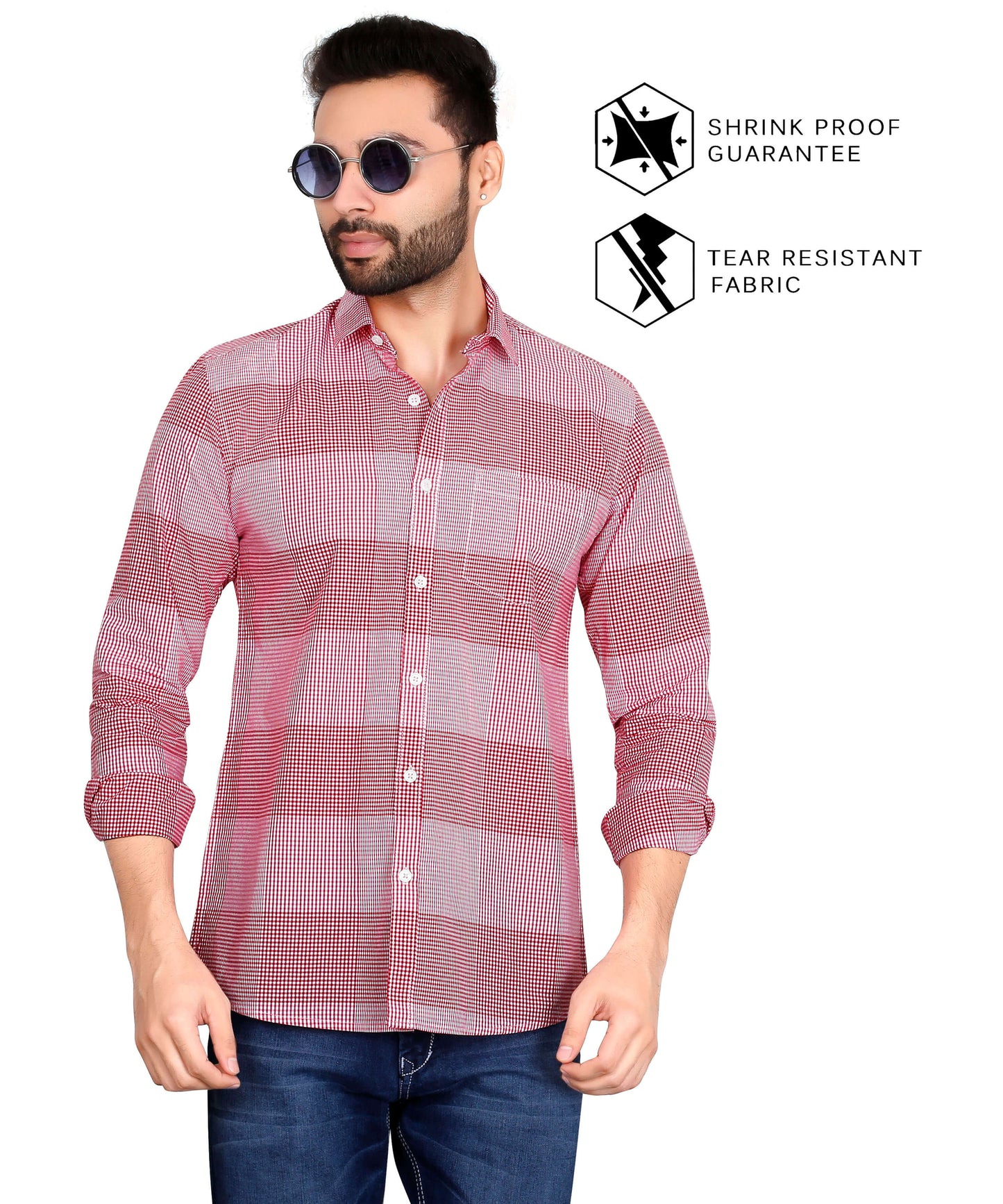 5thanfold Men's Casual Pure Cotton Full Sleeve Checkered Red Regular Fit Shirt
