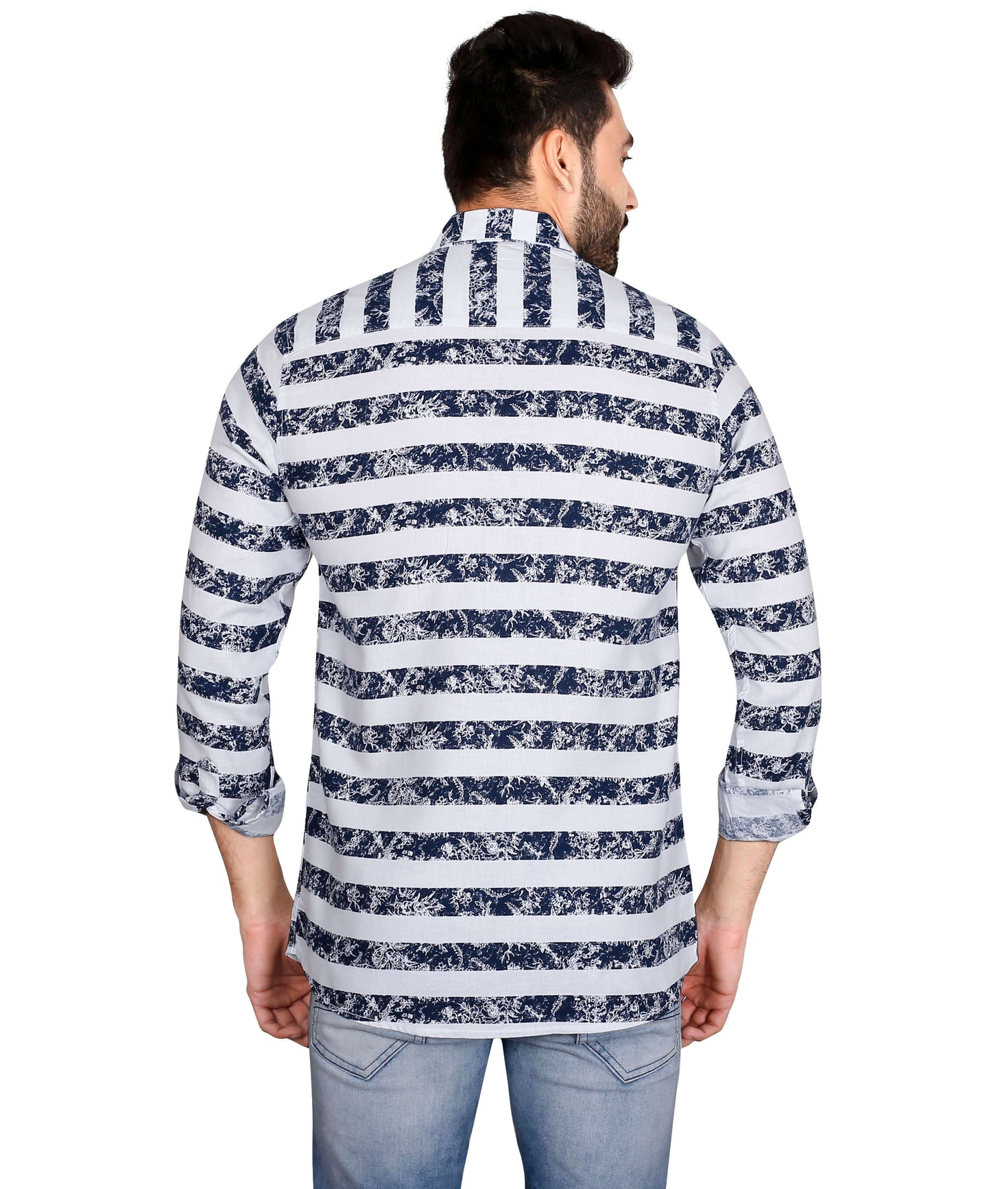 5thanfold Men's Casual Pure Cotton Full Sleeve Printed Blue Slim Fit Shirt