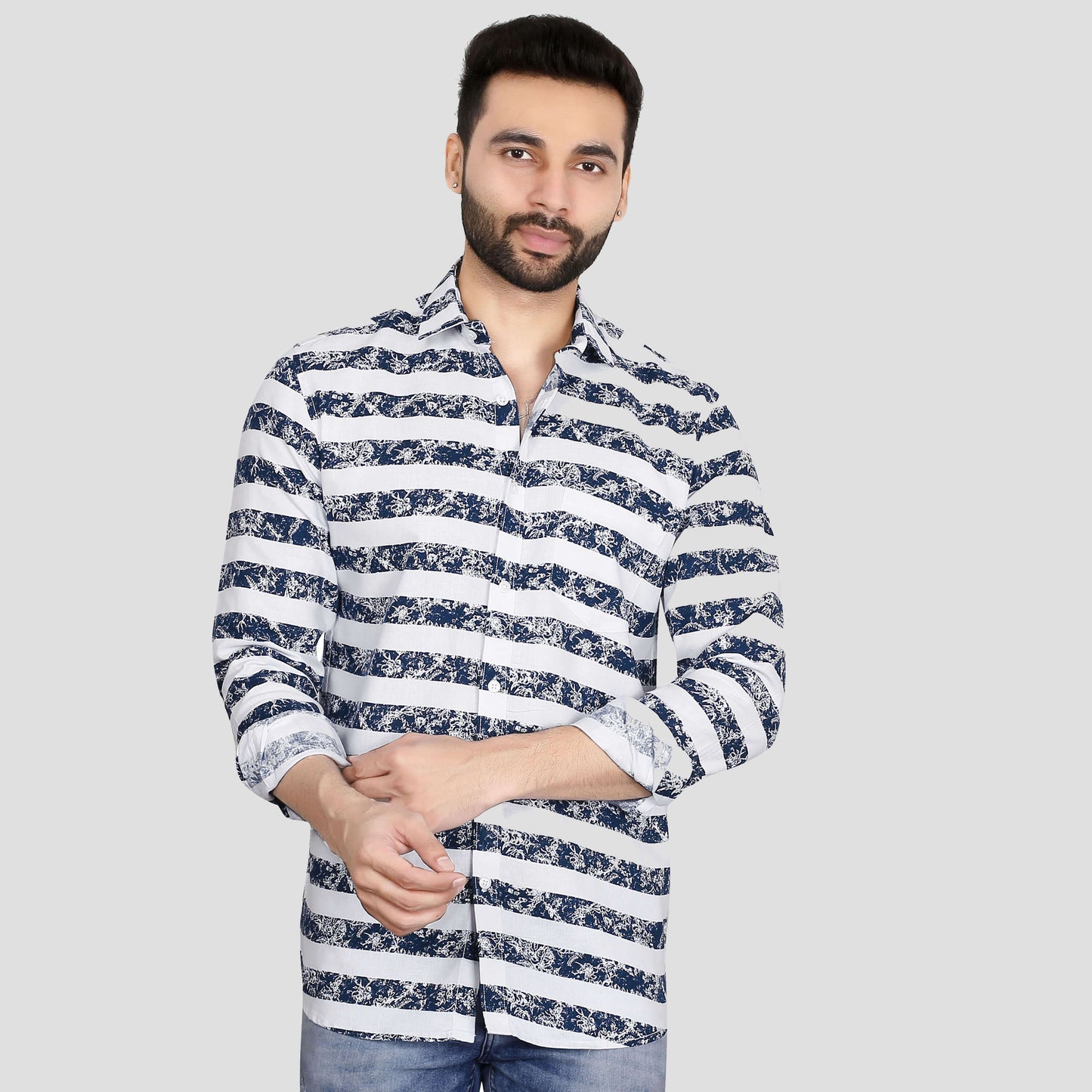 5thanfold Men's Casual Pure Cotton Full Sleeve Printed Blue Slim Fit Shirt