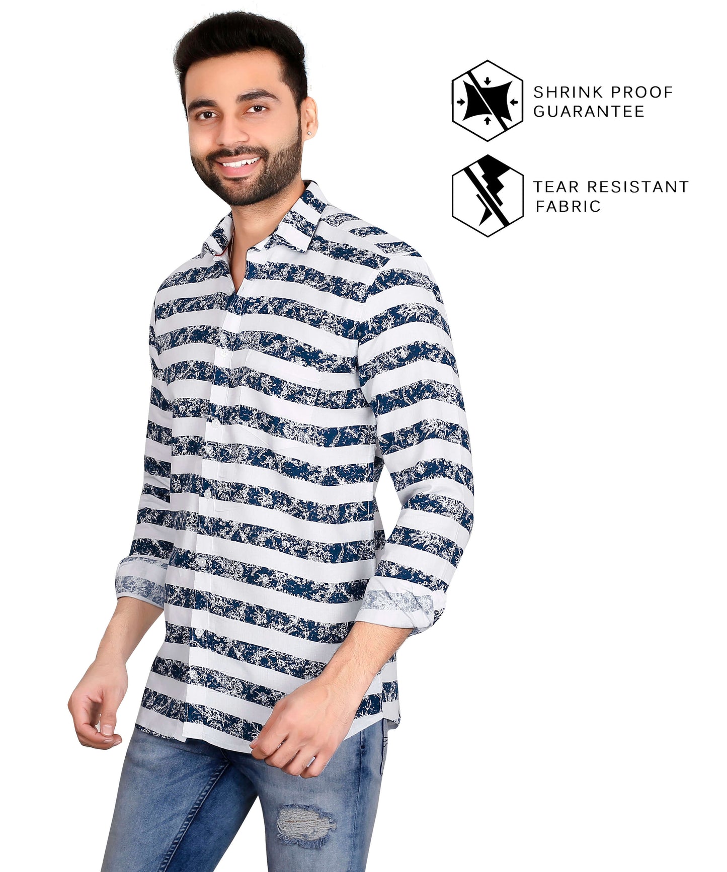 5thanfold Men's Casual Pure Cotton Full Sleeve Printed Blue Slim Fit Shirt