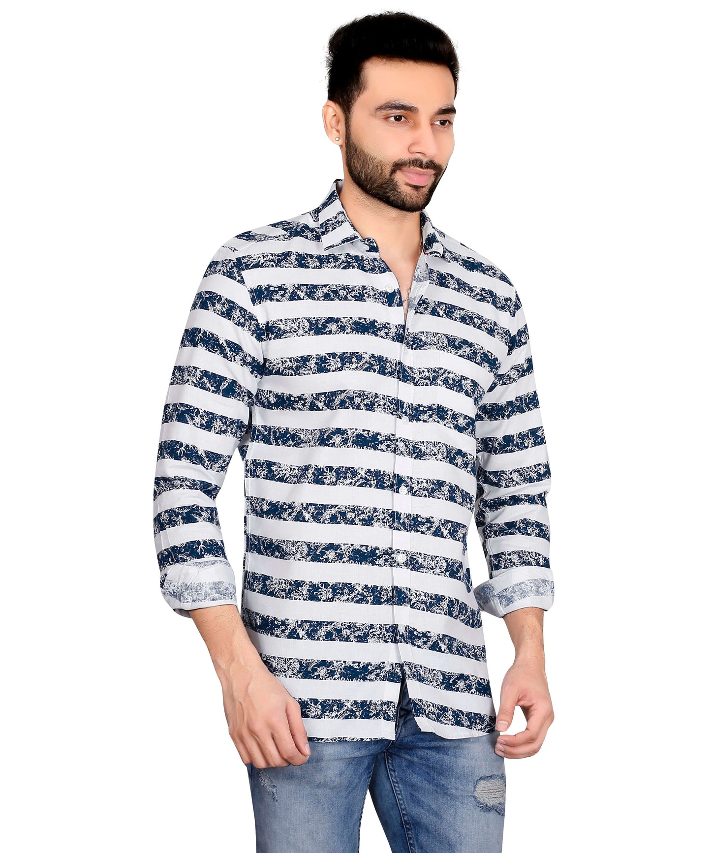 5thanfold Men's Casual Pure Cotton Full Sleeve Printed Blue Slim Fit Shirt