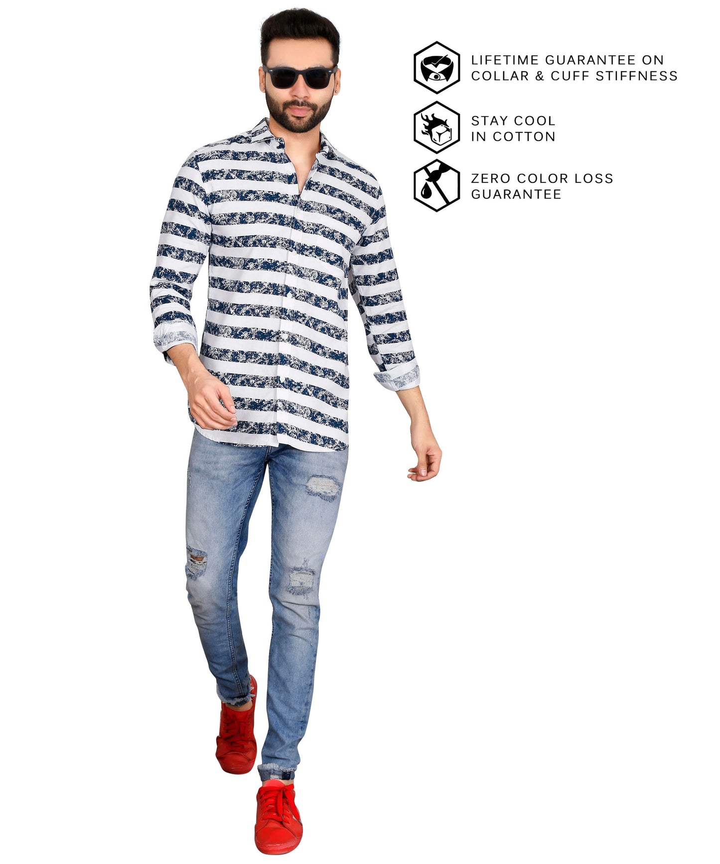 5thanfold Men's Casual Pure Cotton Full Sleeve Printed Blue Slim Fit Shirt