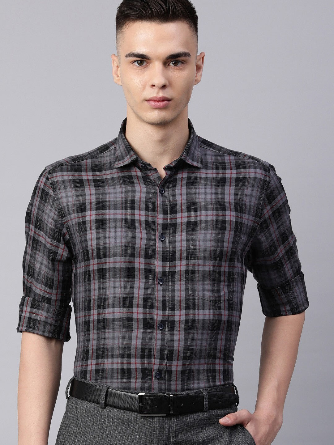 5thanfold Men's Formal Pure Cotton Full Sleeve Checkered Grey Slim Fit Shirt