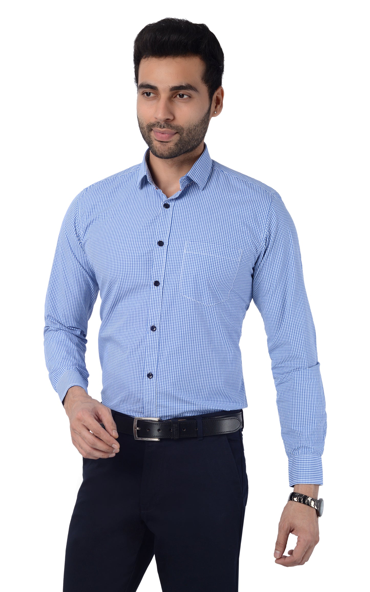 5thanfold Men's Formal Pure Cotton Full Sleeve Checkered Blue Slim Fit Shirt