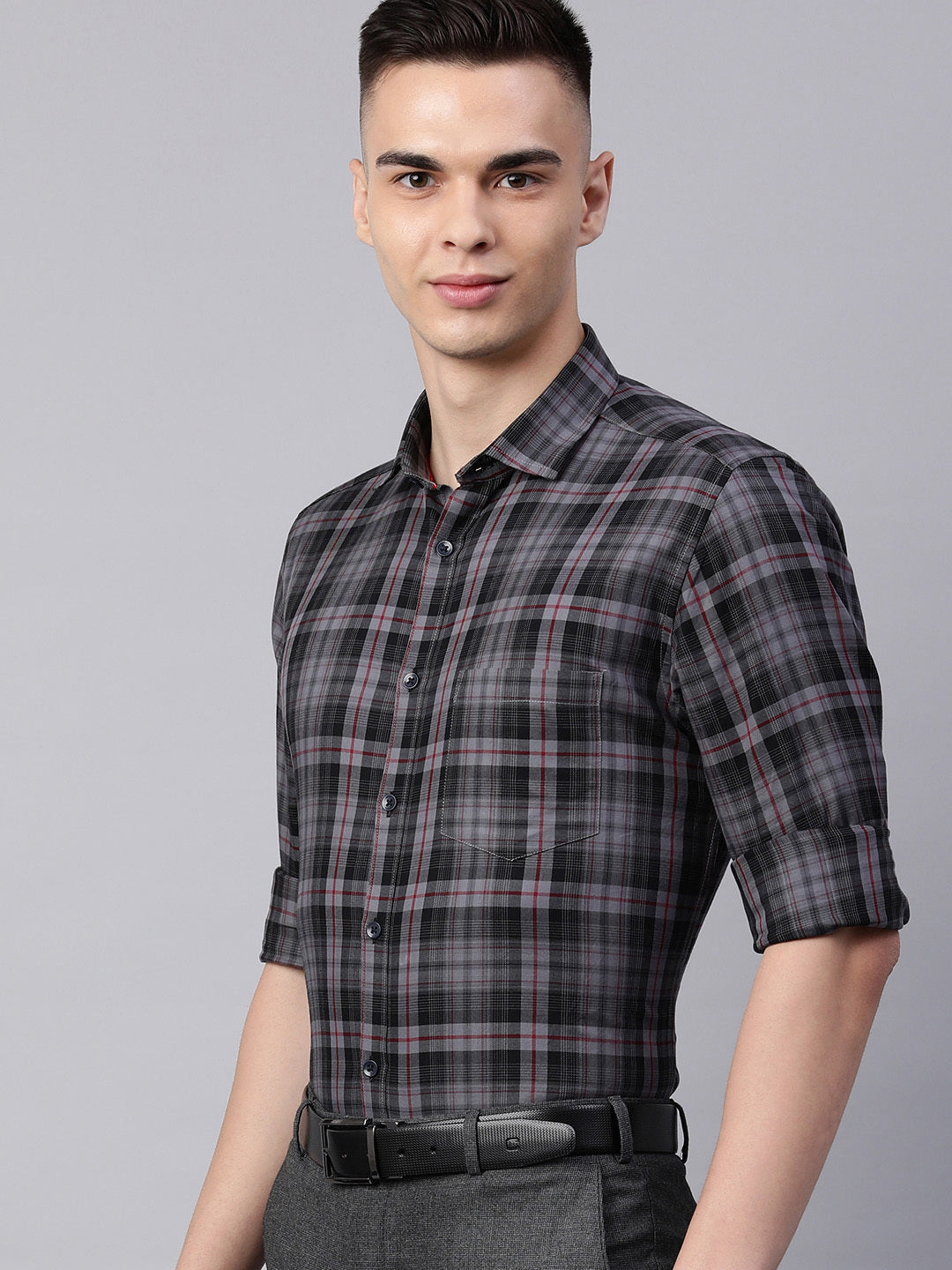 5thanfold Men's Formal Pure Cotton Full Sleeve Checkered Grey Slim Fit Shirt