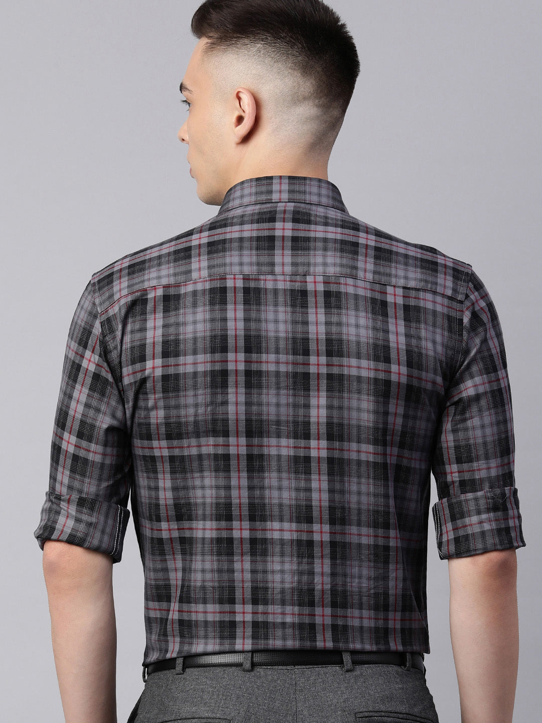 5thanfold Men's Formal Pure Cotton Full Sleeve Checkered Grey Slim Fit Shirt
