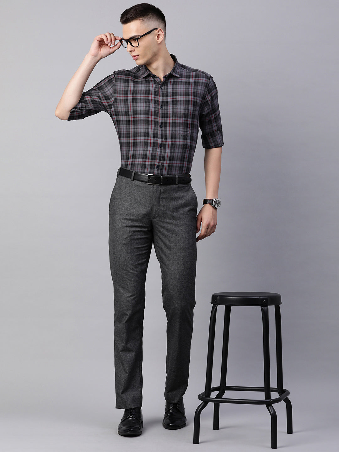5thanfold Men's Formal Pure Cotton Full Sleeve Checkered Grey Slim Fit Shirt