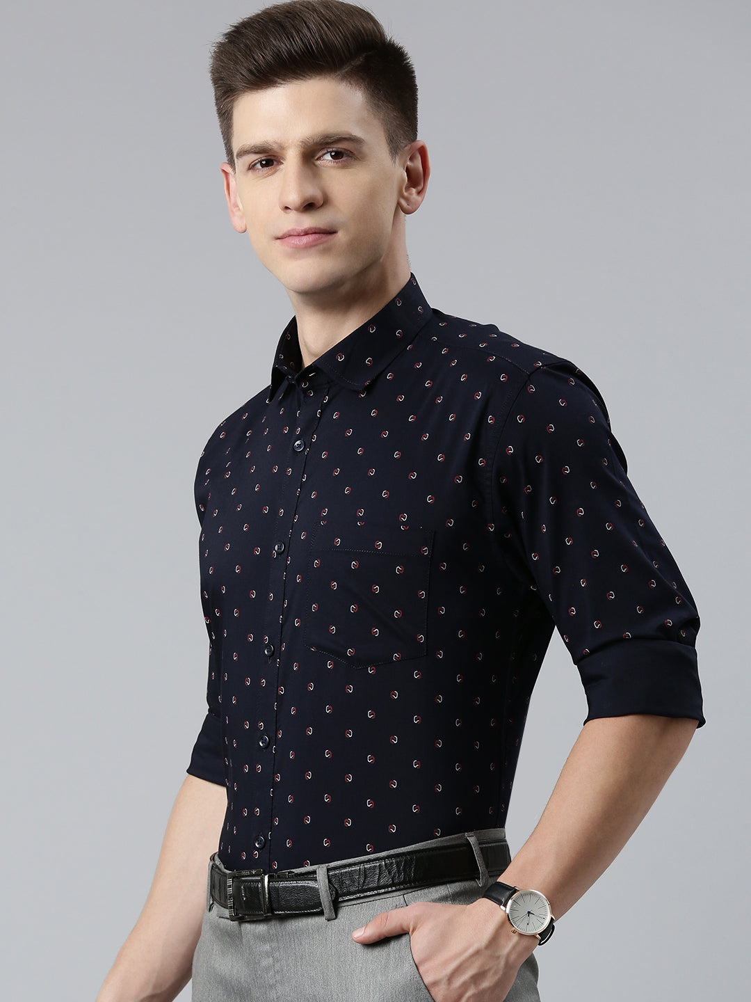 5thanfold Men's Formal Pure Cotton Full Sleeve Printed Dark Blue Slim Fit Shirt