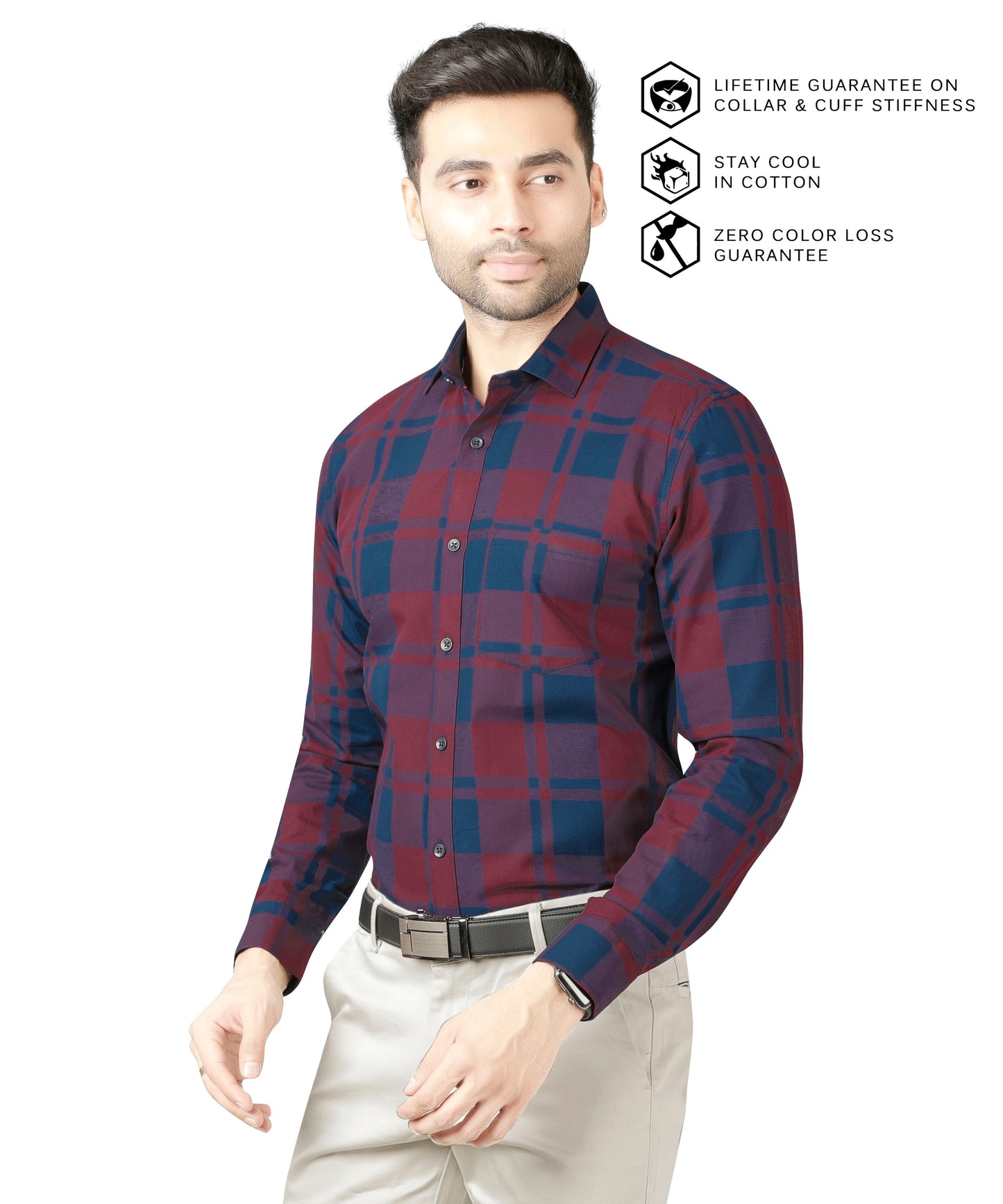 5thanfold Men's Formal Pure Cotton Full Sleeve Checkered Red Slim Fit Shirt