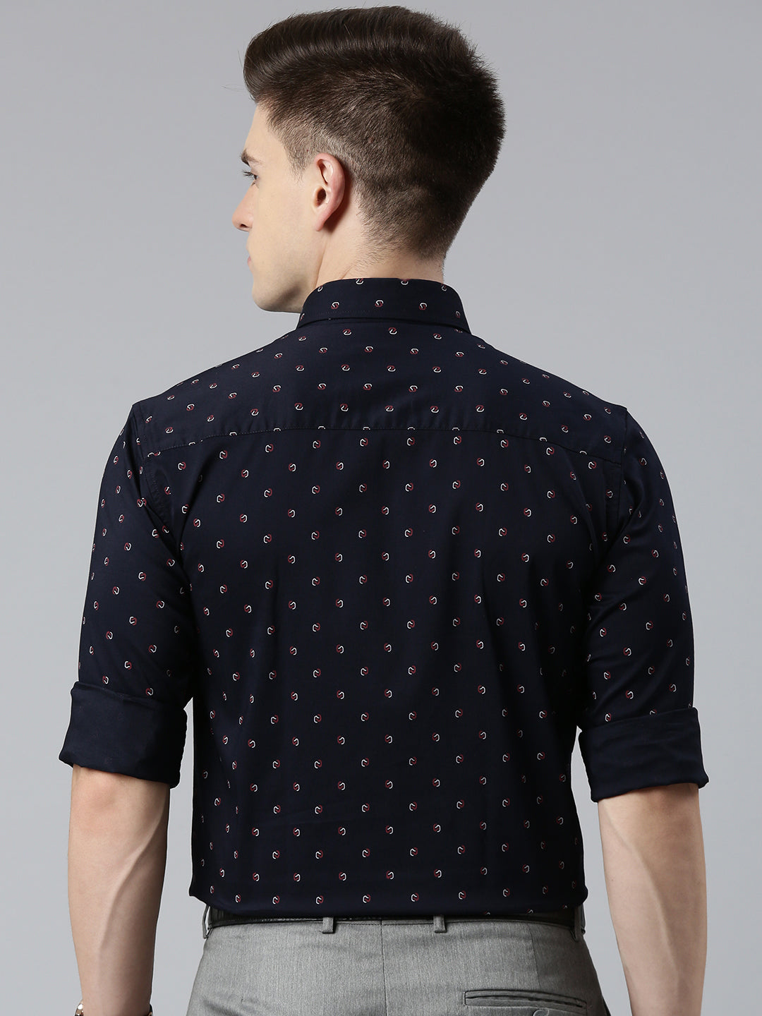 5thanfold Men's Formal Pure Cotton Full Sleeve Printed Dark Blue Slim Fit Shirt