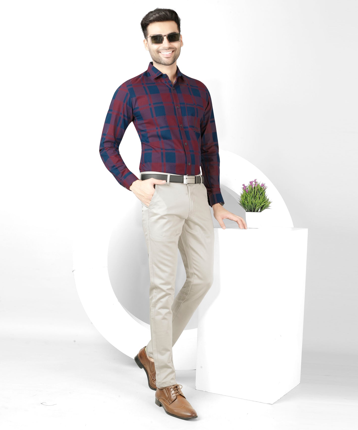 5thanfold Men's Formal Pure Cotton Full Sleeve Checkered Red Slim Fit Shirt