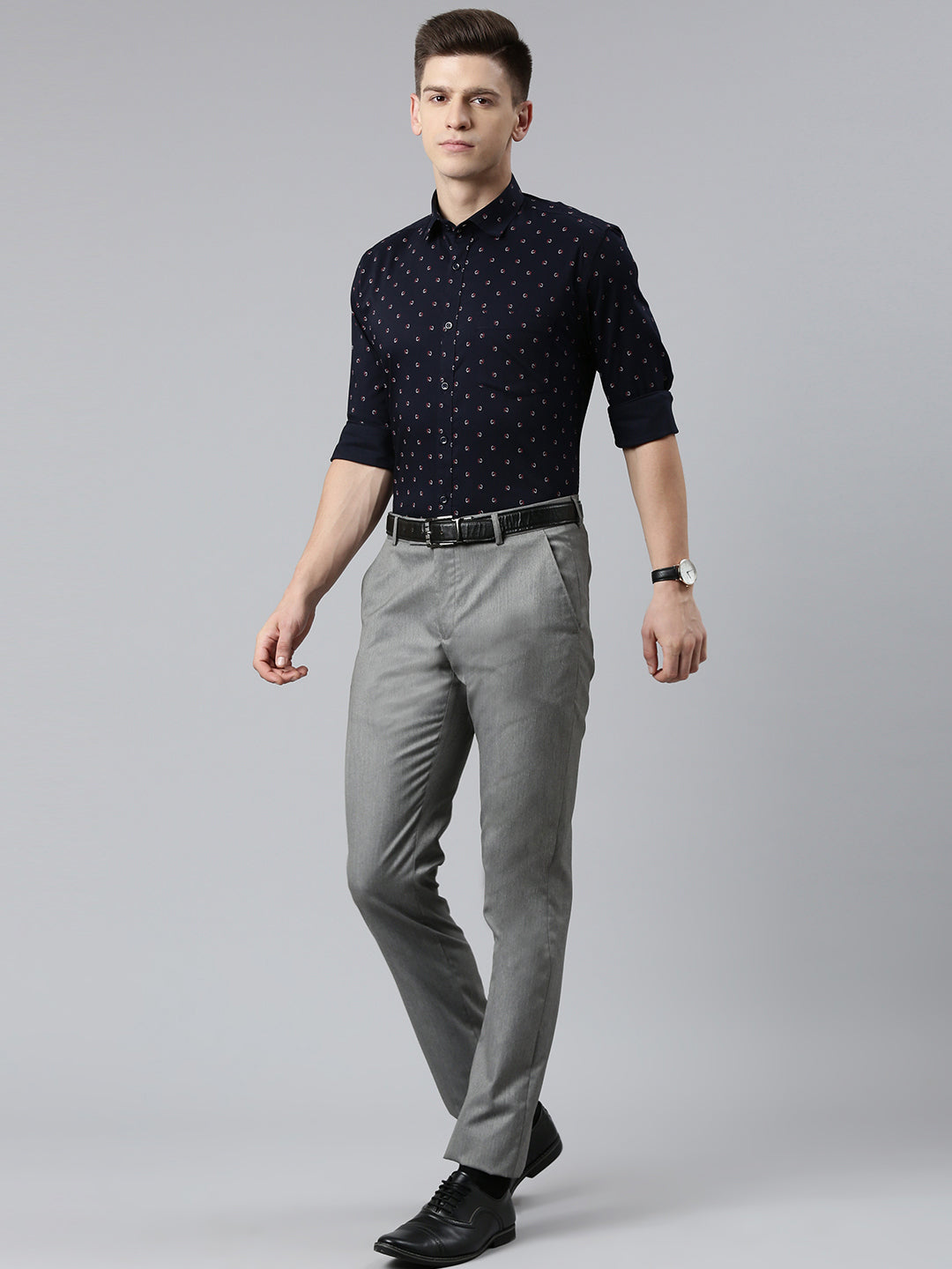 5thanfold Men's Formal Pure Cotton Full Sleeve Printed Dark Blue Slim Fit Shirt