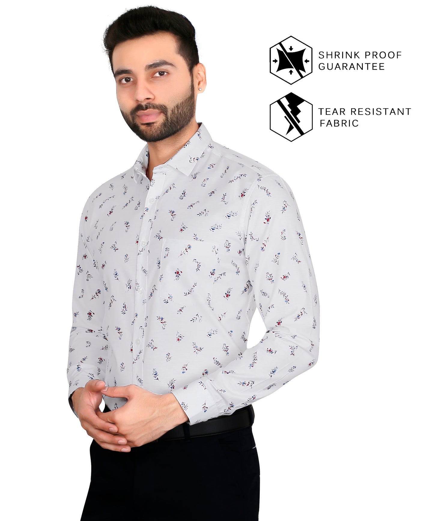 5thanfold Men's Formal Pure Cotton Full Sleeve Printed White Slim Fit Shirt