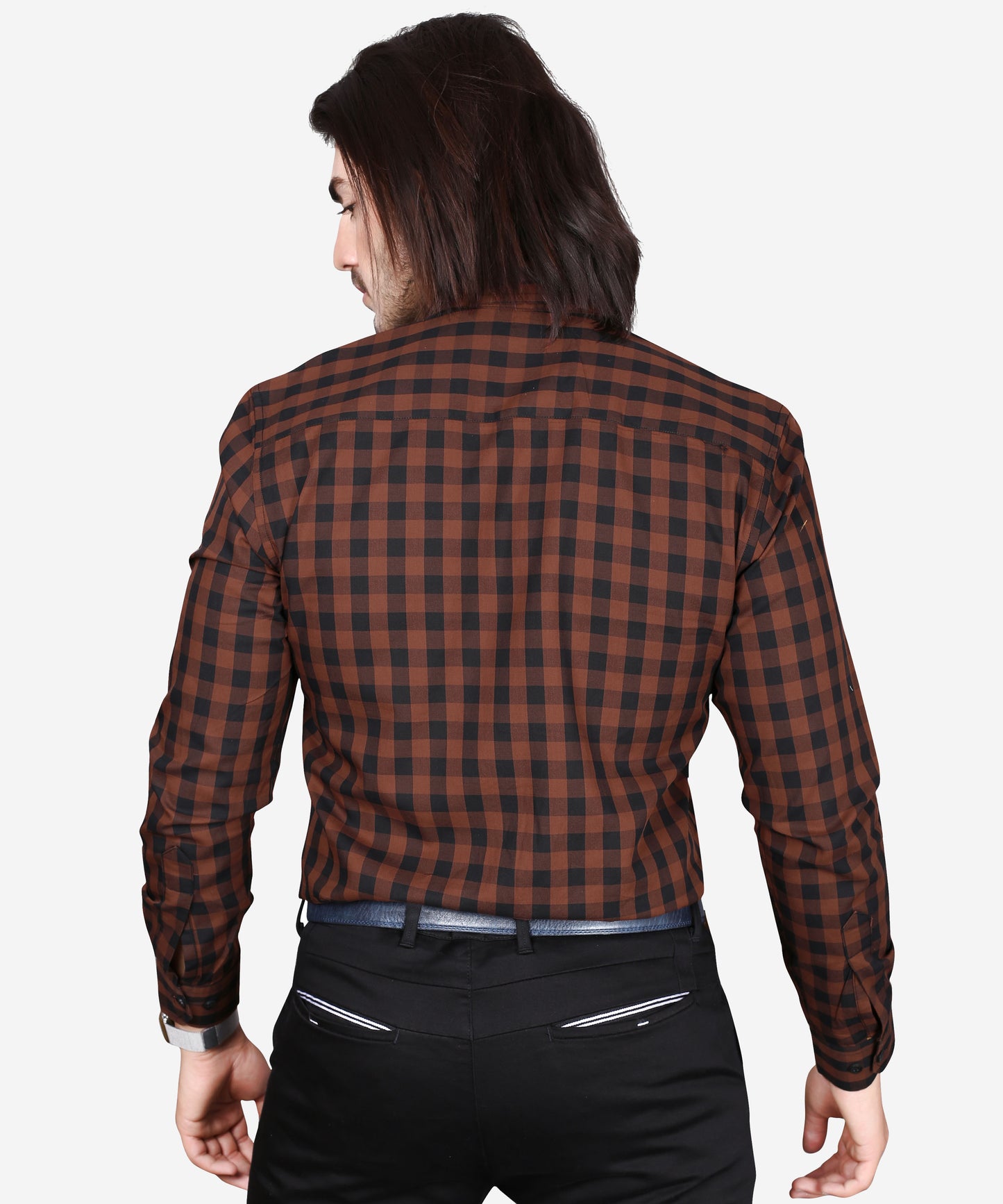 5thanfold Men's Formal Pure Cotton Full Sleeve Checkered Brown Slim Fit Shirt