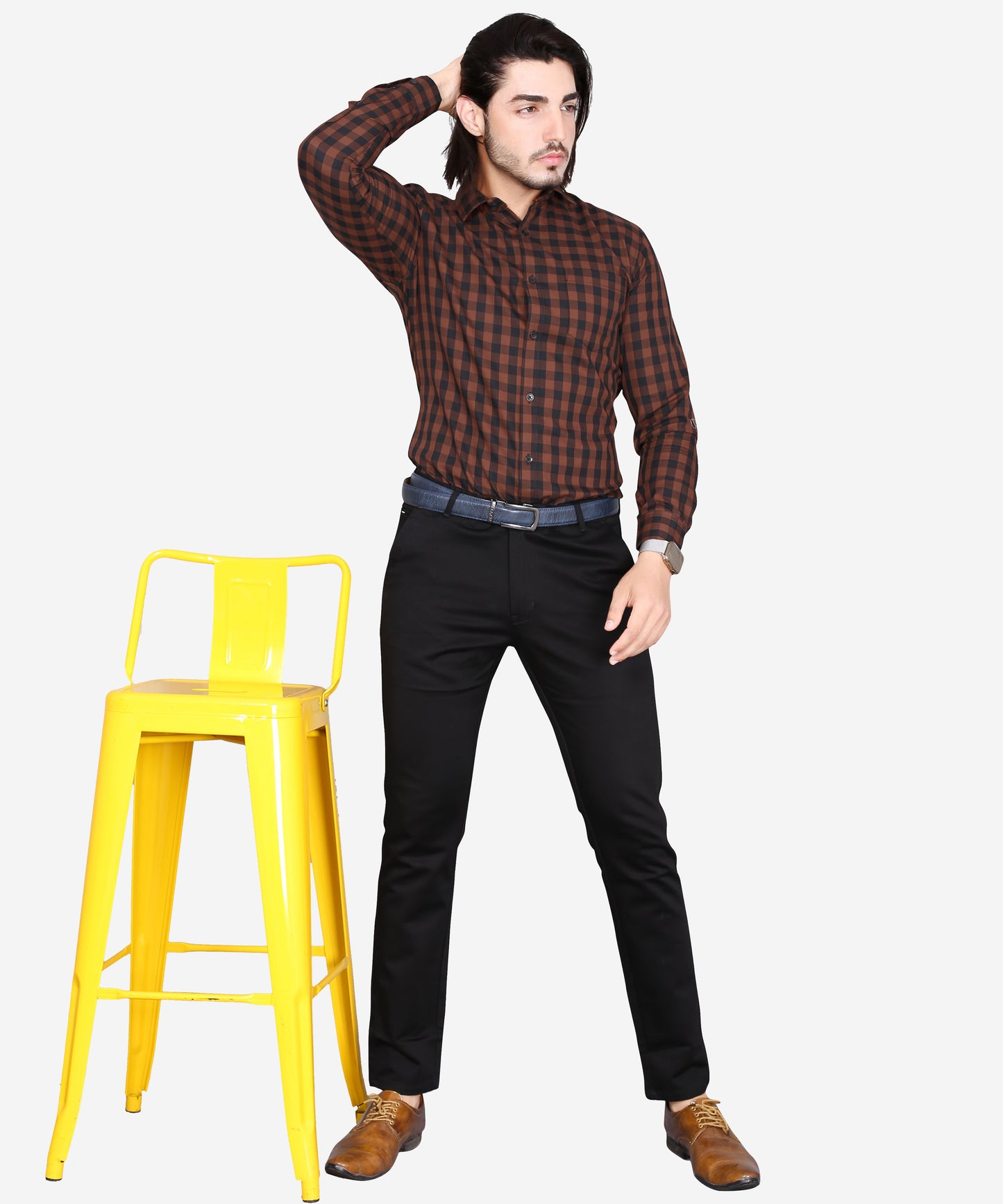 5thanfold Men's Formal Pure Cotton Full Sleeve Checkered Brown Slim Fit Shirt
