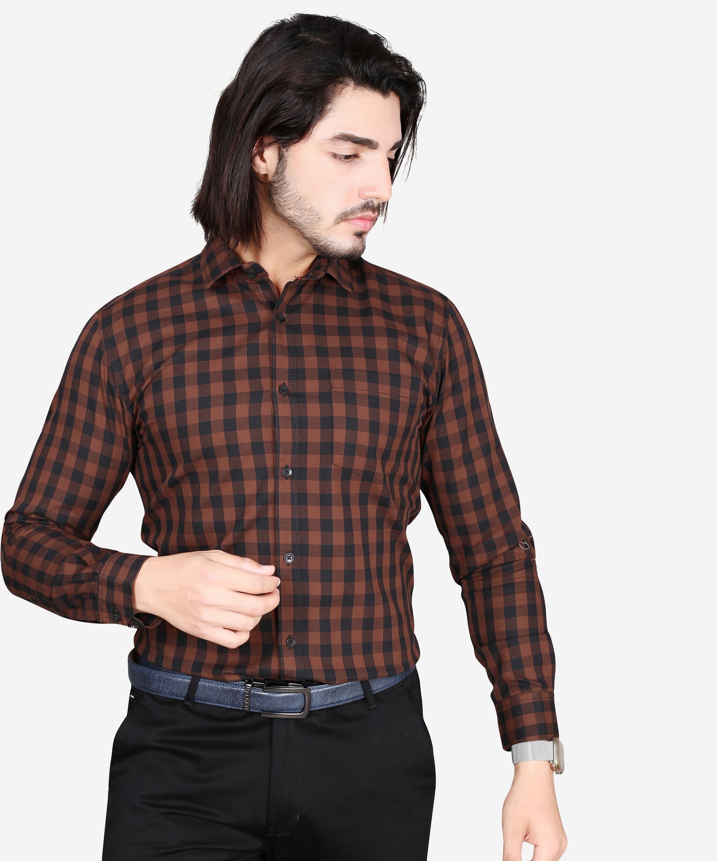 5thanfold Men's Formal Pure Cotton Full Sleeve Checkered Brown Slim Fit Shirt