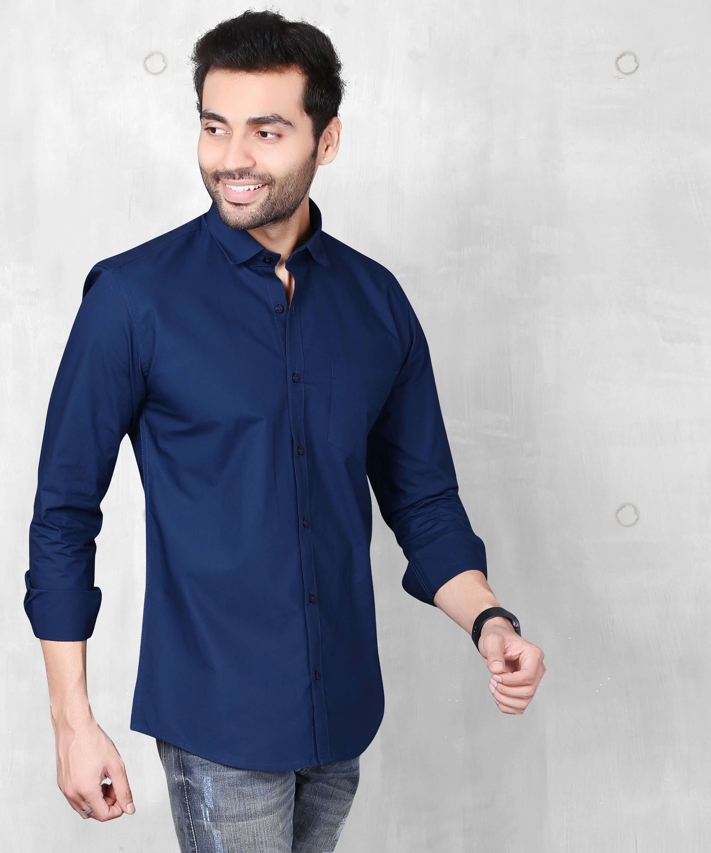 5thanfold Men's Casual Pure Cotton Full Sleeve Solid Light Navy Slim Fit Shirt