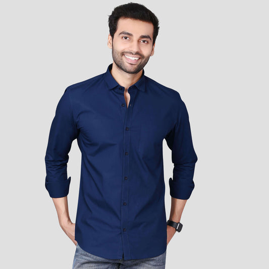 5thanfold Men's Casual Pure Cotton Full Sleeve Solid Light Navy Slim Fit Shirt
