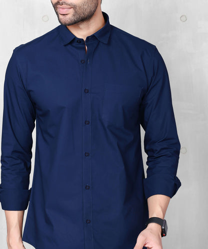 5thanfold Men's Casual Pure Cotton Full Sleeve Solid Light Navy Slim Fit Shirt