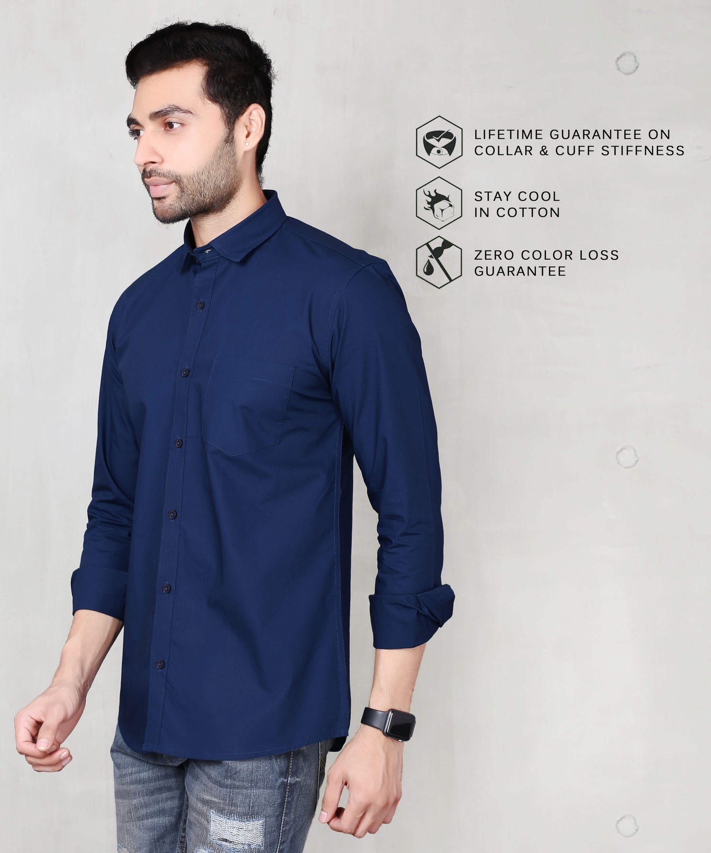 5thanfold Men's Casual Pure Cotton Full Sleeve Solid Light Navy Slim Fit Shirt