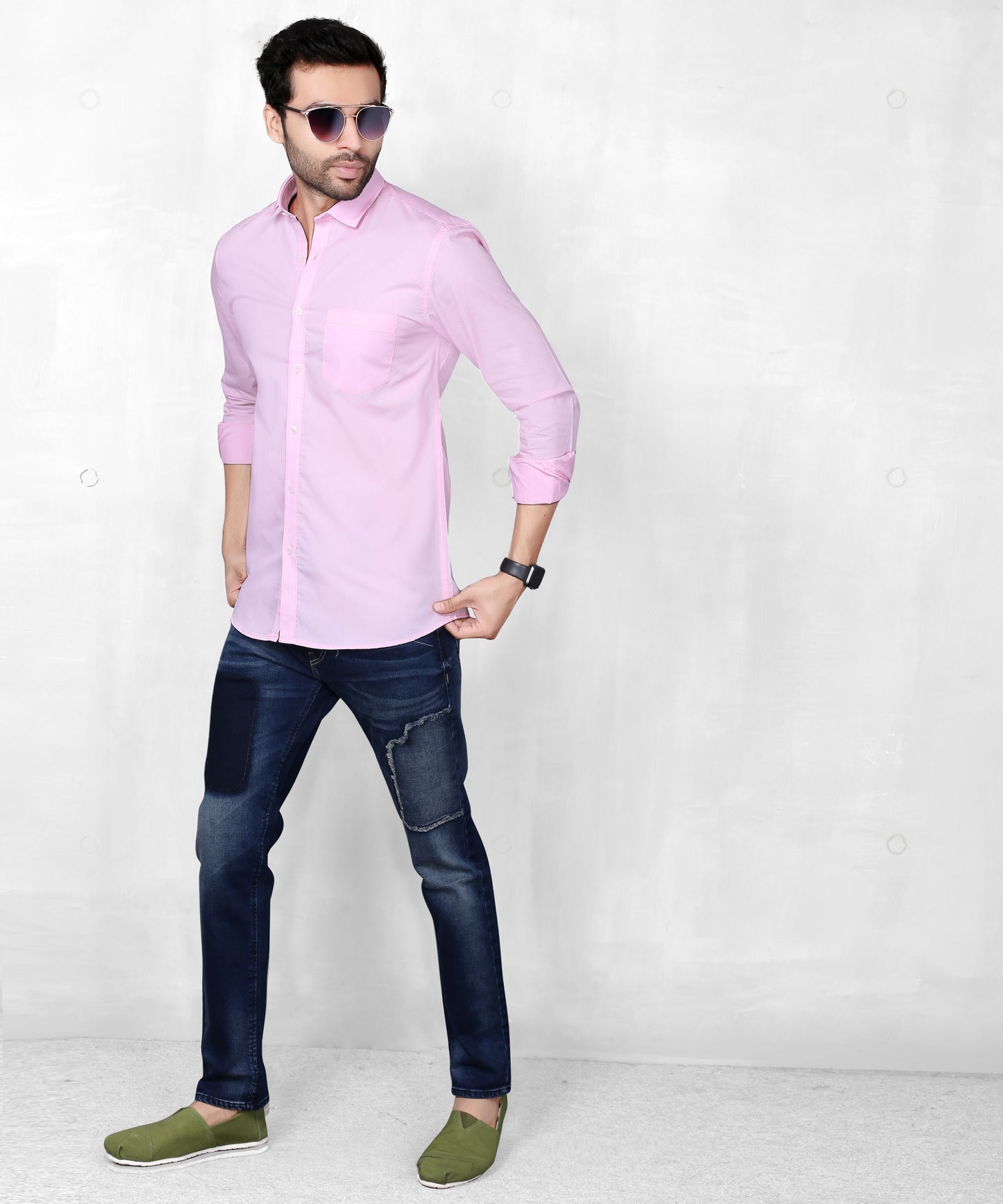 5thanfold Men's Casual Pure Cotton Full Sleeve Solid Pink Slim Fit Shirt