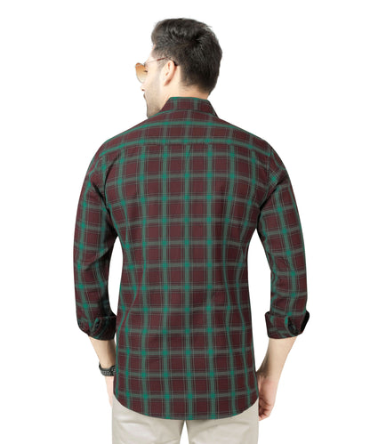 5thanfold Men's Casual Pure Cotton Full Sleeve Checkered Green Slim Fit Shirt