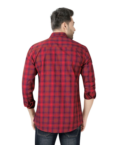 5thanfold Men's Casual Pure Cotton Full Sleeve Checkered Red Slim Fit Shirt