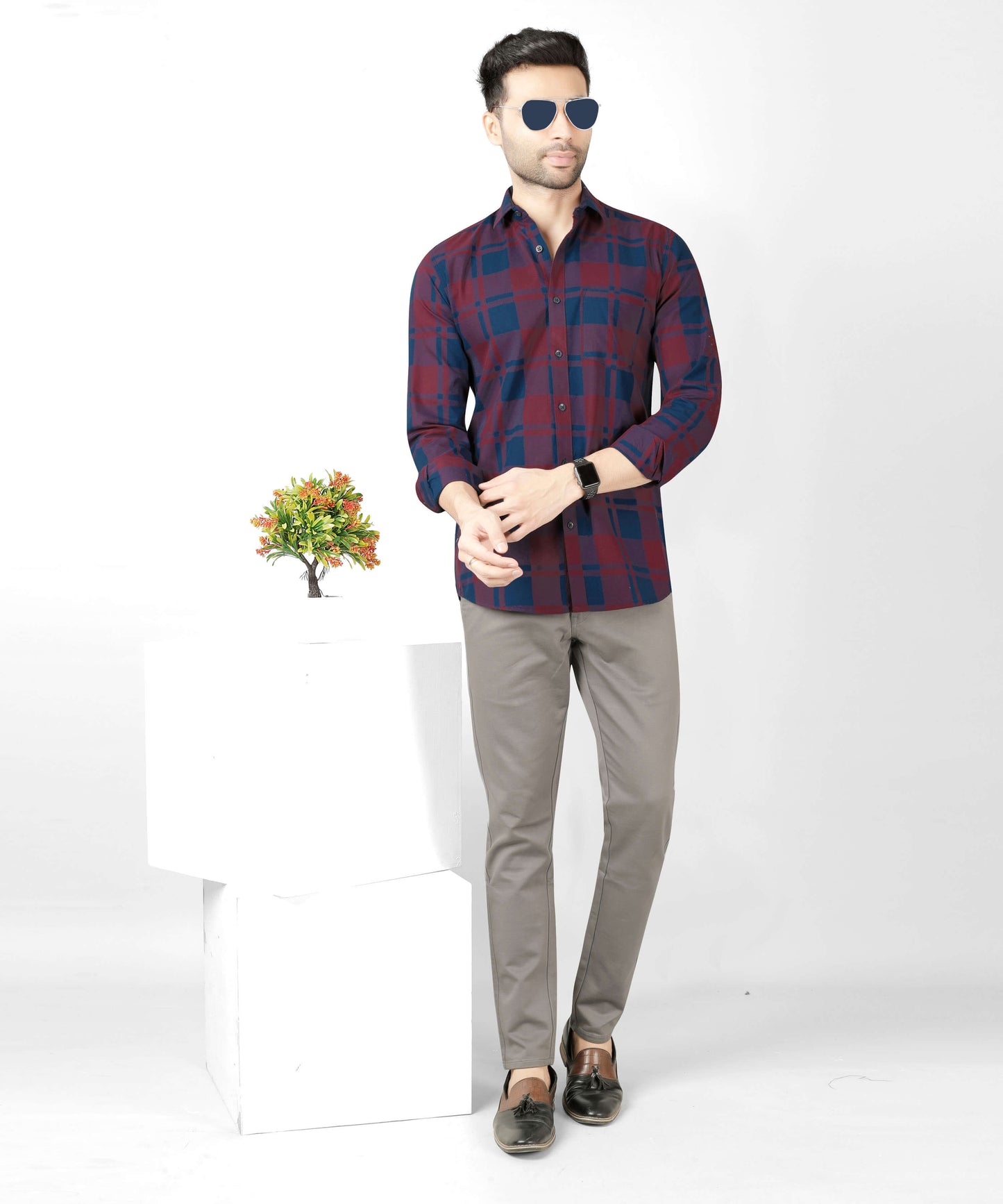 5thanfold Men's Casual  Pure Cotton Full Sleeve Checkered Red Slim Fit Shirt