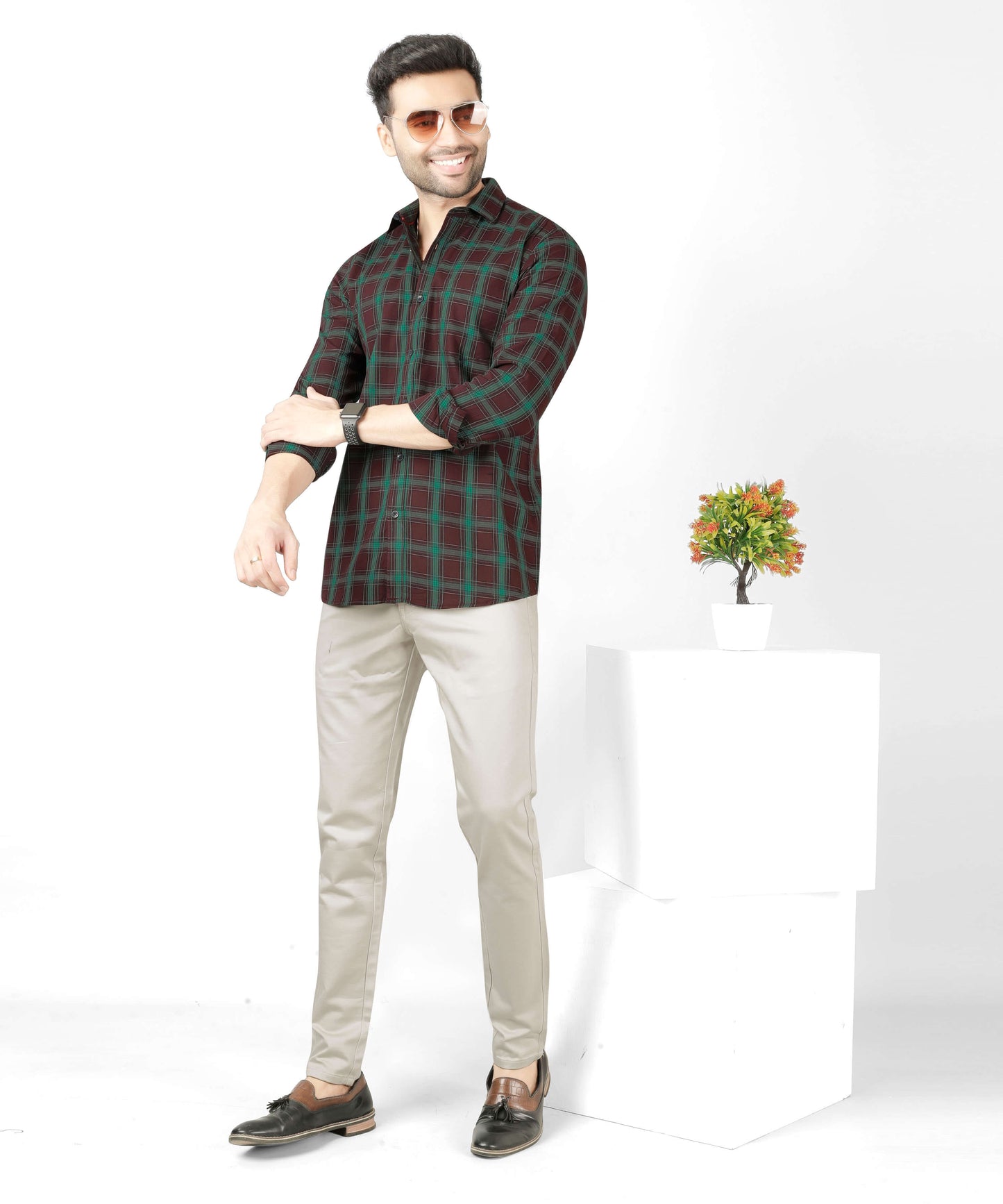 5thanfold Men's Casual Pure Cotton Full Sleeve Checkered Green Slim Fit Shirt