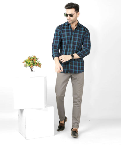 5thanfold Men's Casual Pure Cotton Full Sleeve Checkered Green Slim Fit Shirt