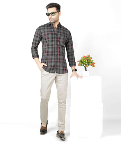 5thanfold Men's Casual Pure Cotton Full Sleeve Checkered Grey Slim Fit Shirt