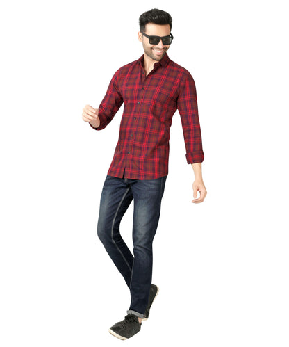 5thanfold Men's Casual Pure Cotton Full Sleeve Checkered Red Slim Fit Shirt