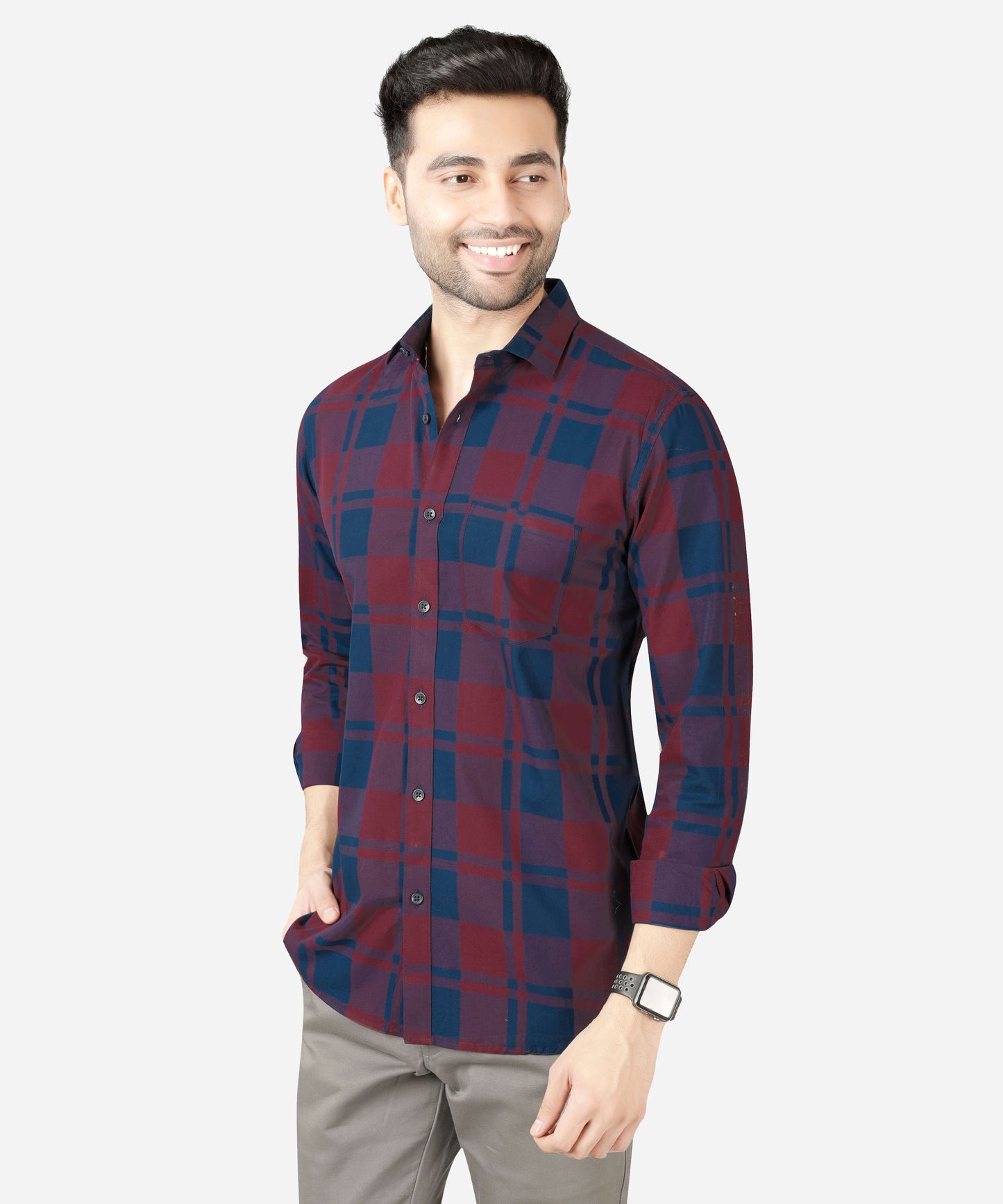 5thanfold Men's Casual  Pure Cotton Full Sleeve Checkered Red Slim Fit Shirt
