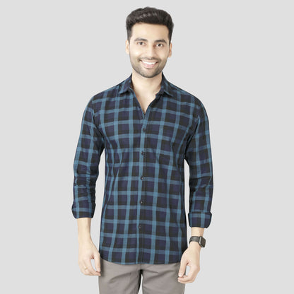 5thanfold Men's Casual Pure Cotton Full Sleeve Checkered Green Slim Fit Shirt