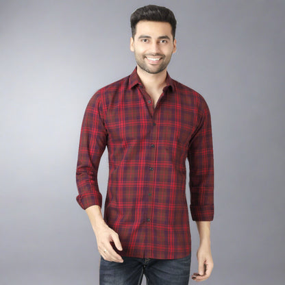 5thanfold Men's Casual Pure Cotton Full Sleeve Checkered Red Slim Fit Shirt