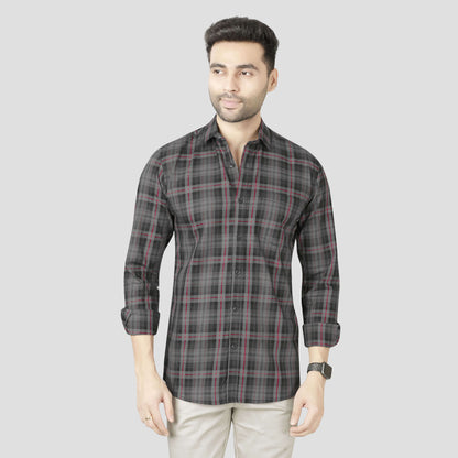 5thanfold Men's Casual Pure Cotton Full Sleeve Checkered Grey Slim Fit Shirt