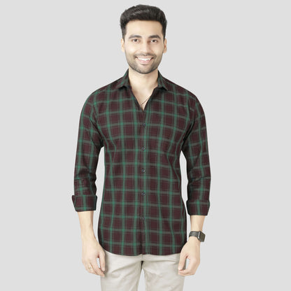 5thanfold Men's Casual Pure Cotton Full Sleeve Checkered Green Slim Fit Shirt