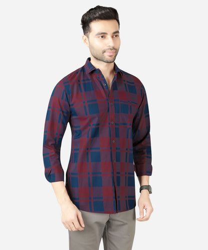 5thanfold Men's Casual  Pure Cotton Full Sleeve Checkered Red Slim Fit Shirt